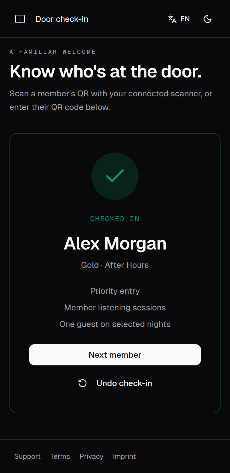 Door check-in · club team view